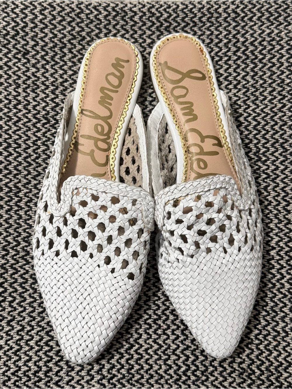 Sam Edelman White Woven Clara Block Heel Slip-on Pointed Toe Leather Mules